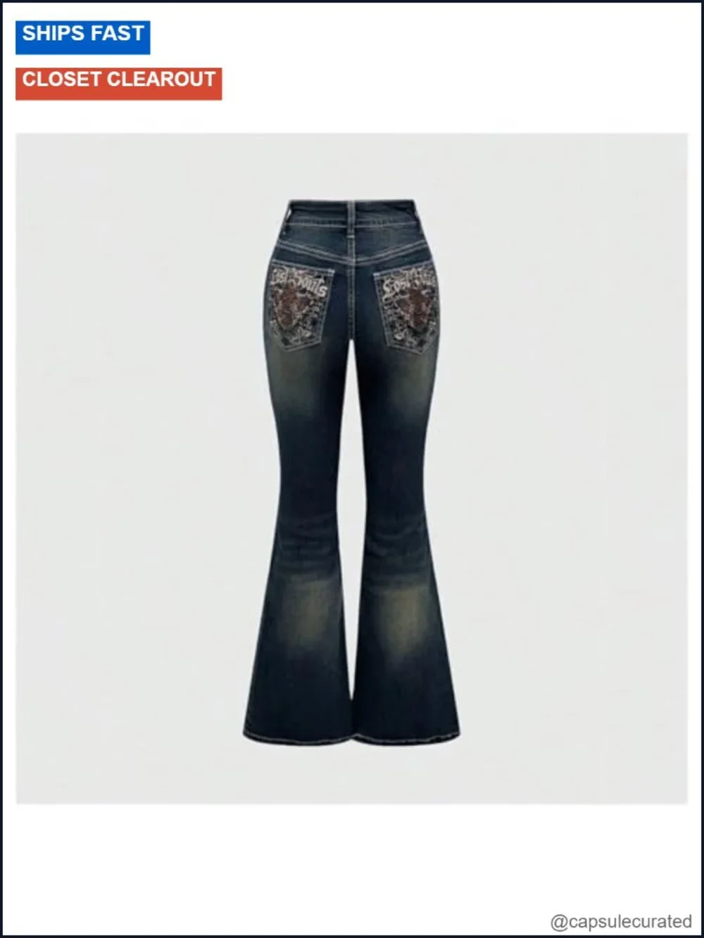 Bell Bottom Jeans Stretchy Embroidered Flared Y2K Goth High Waist Denim Pants - Picture 5 of 5